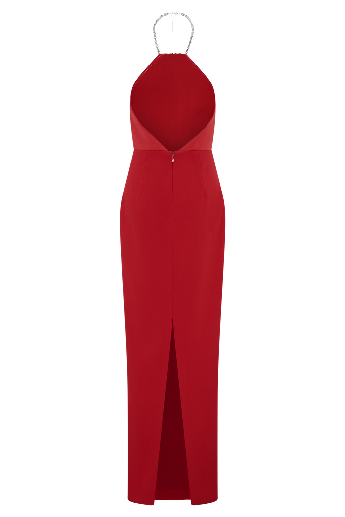 Elina Satin Necklace Maxi Dress - Red