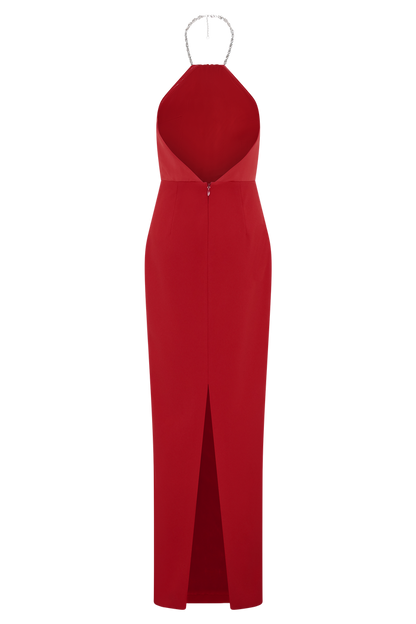 Elina Satin Necklace Maxi Dress - Red