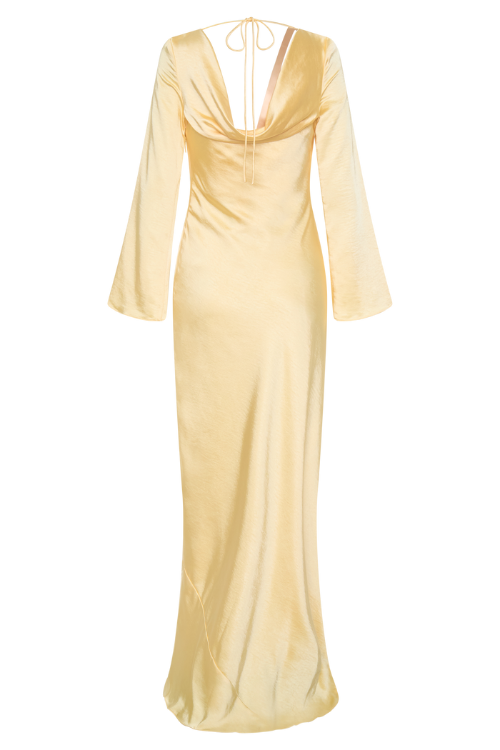 Eliza Long Sleeve Cowl Lace And Satin Maxi Dress - Lemon