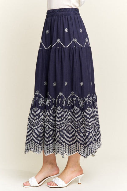Embroidered Tiered Midi Skirt