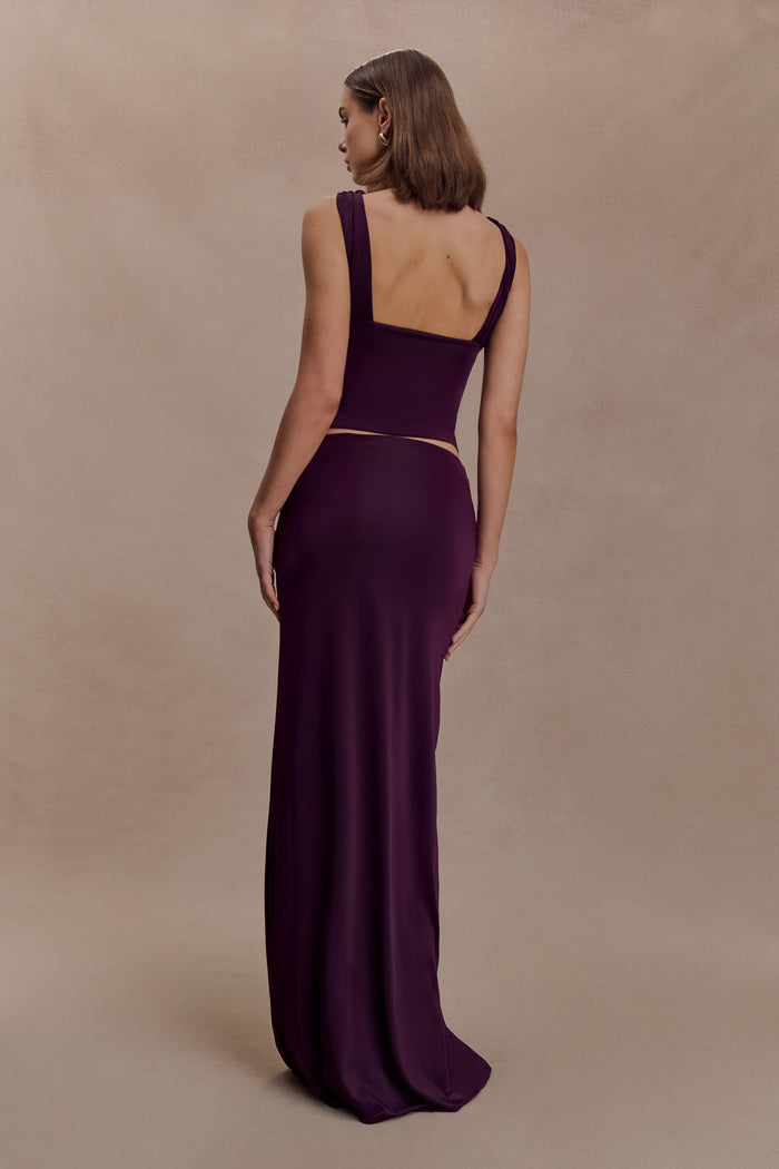 Erina Slinky Ruched Maxi Skirt With Hardware - Aubergine
