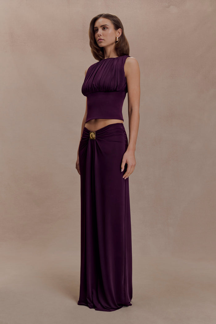 Erina Slinky Ruched Maxi Skirt With Hardware - Aubergine