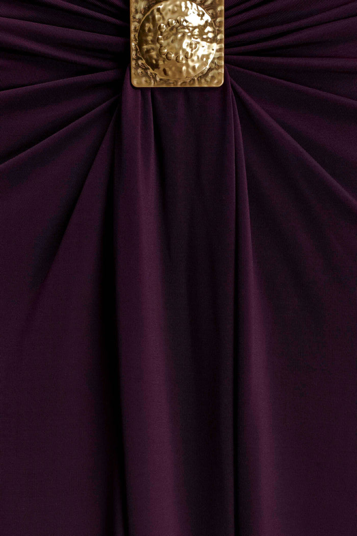 Erina Slinky Ruched Maxi Skirt With Hardware - Aubergine