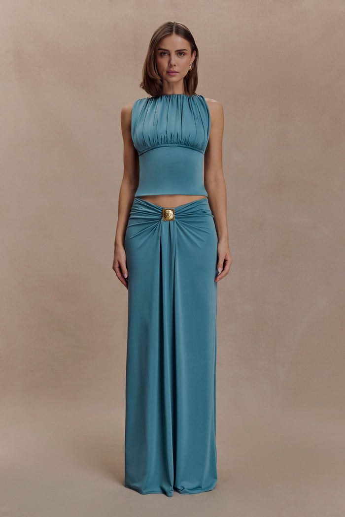 Erina Slinky Ruched Maxi Skirt With Hardware - Teal