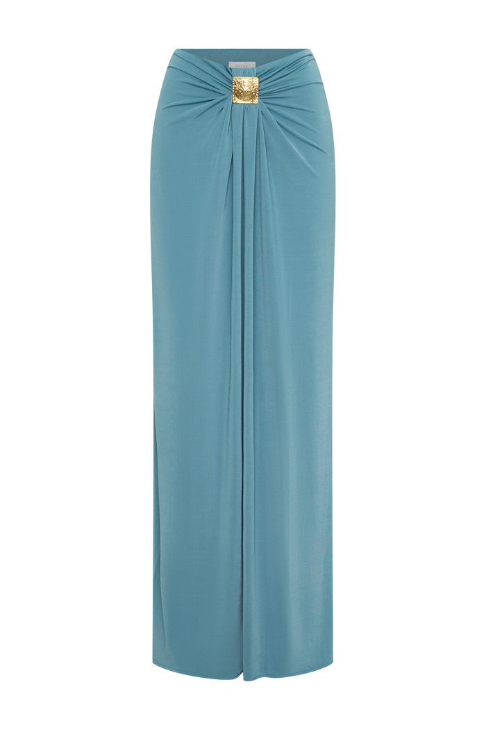Erina Slinky Ruched Maxi Skirt With Hardware - Teal