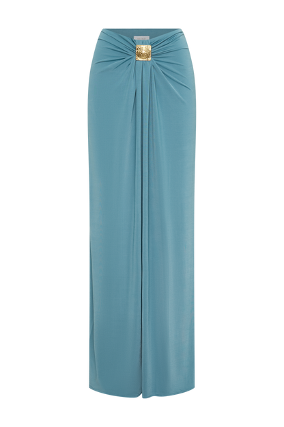 Erina Slinky Ruched Maxi Skirt With Hardware - Teal