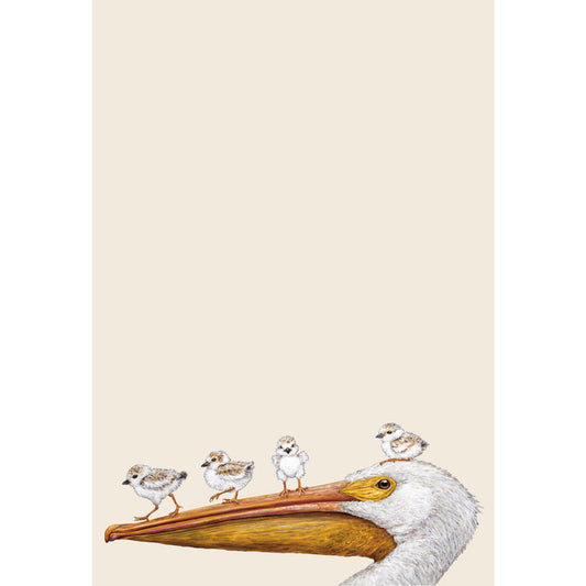 Three small birds perched on the beak of a pelican against a beige background on one of Hester & Cook's Flight School Note Pads.