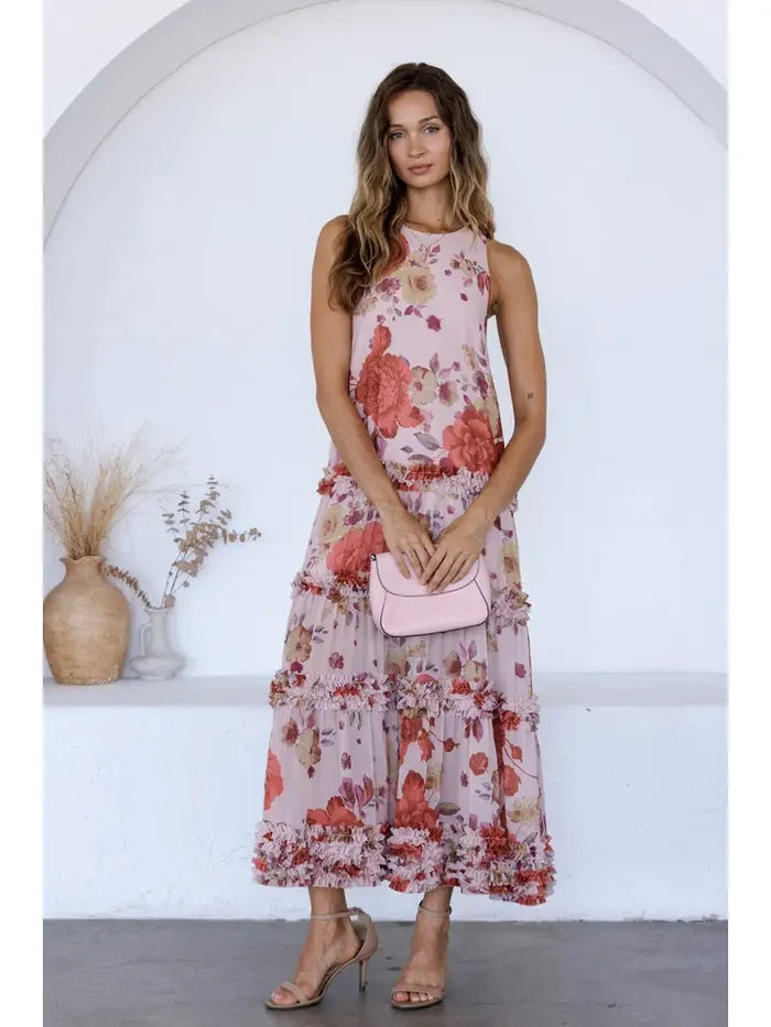 Floral Ruffle Trim Midi Dress