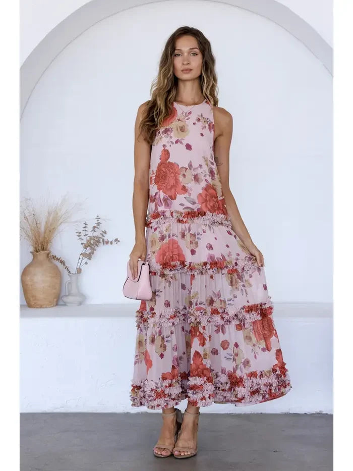 Floral Ruffle Trim Midi Dress