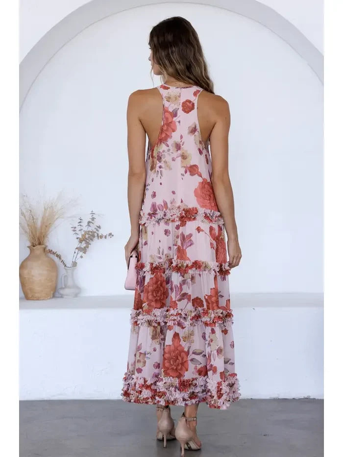 Floral Ruffle Trim Midi Dress