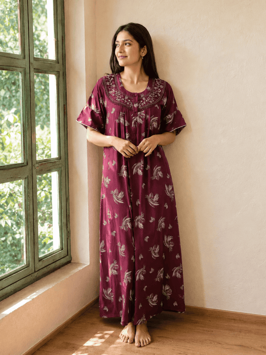 Floret Purple Floral Pleated Designer Nighty for Women
