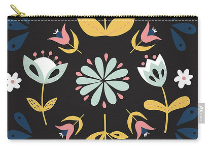 Folk Flower Pattern in Black and Blue - Carry-All Pouch