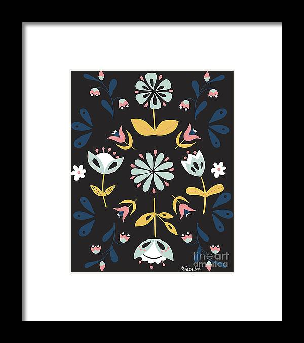 Folk Flower Pattern in Black and Blue - Framed Print