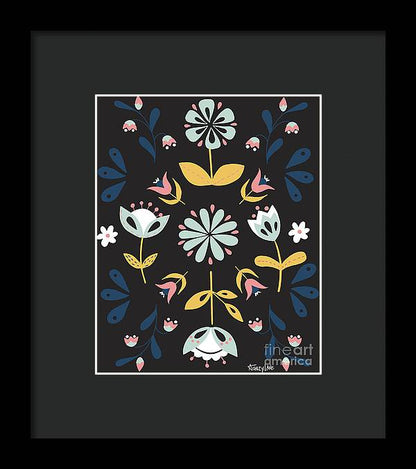 Folk Flower Pattern in Black and Blue - Framed Print