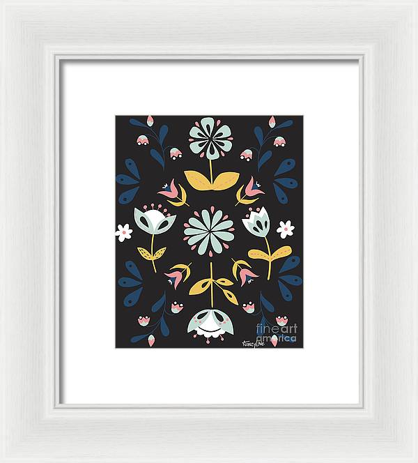 Folk Flower Pattern in Black and Blue - Framed Print