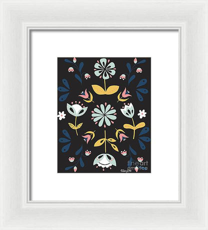 Folk Flower Pattern in Black and Blue - Framed Print