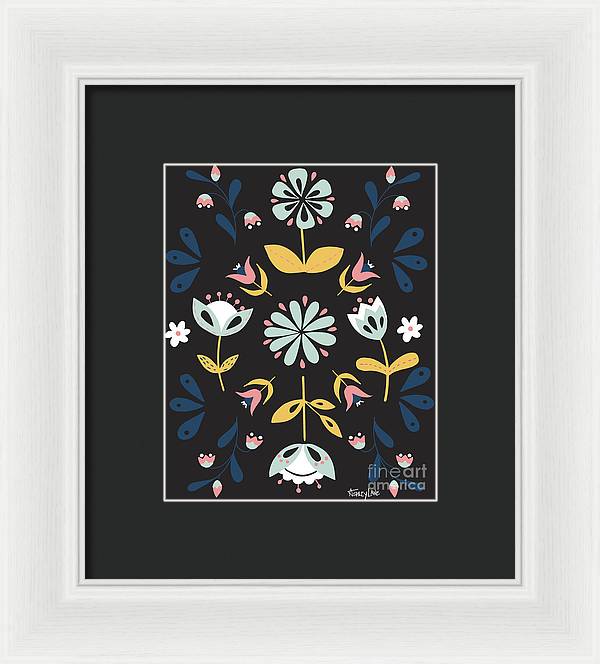 Folk Flower Pattern in Black and Blue - Framed Print