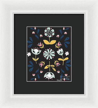 Folk Flower Pattern in Black and Blue - Framed Print