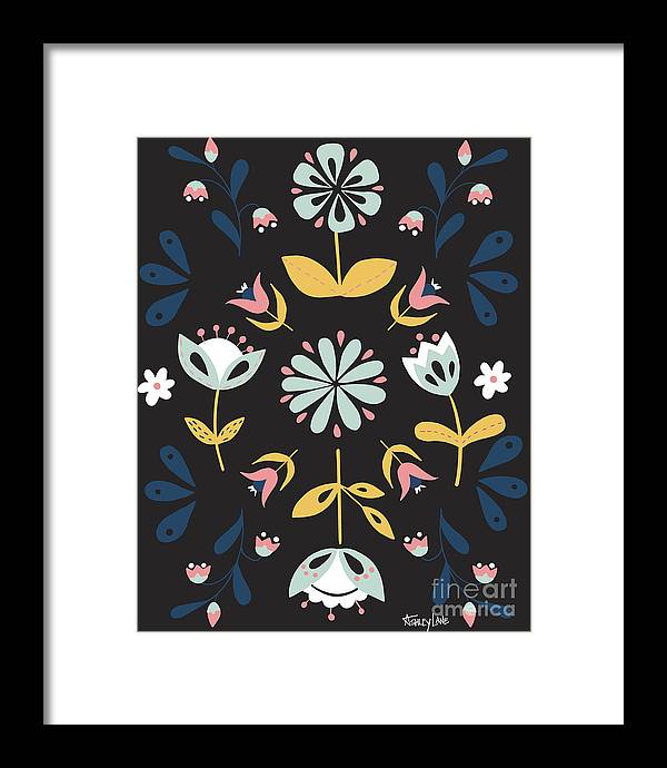 Folk Flower Pattern in Black and Blue - Framed Print