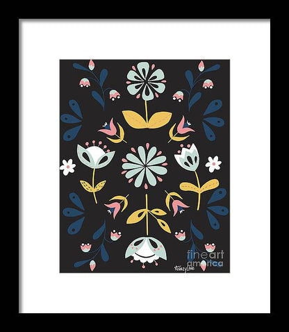 Folk Flower Pattern in Black and Blue - Framed Print