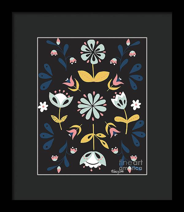 Folk Flower Pattern in Black and Blue - Framed Print