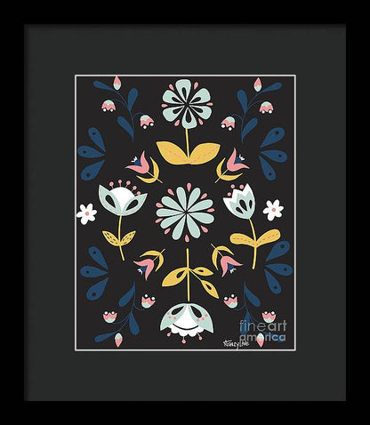 Folk Flower Pattern in Black and Blue - Framed Print