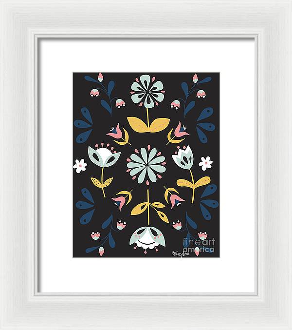 Folk Flower Pattern in Black and Blue - Framed Print