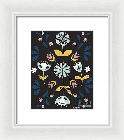 Folk Flower Pattern in Black and Blue - Framed Print