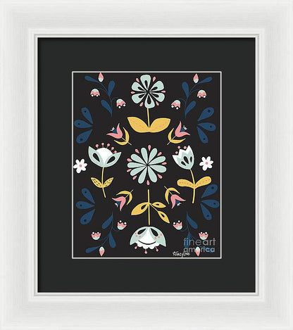 Folk Flower Pattern in Black and Blue - Framed Print