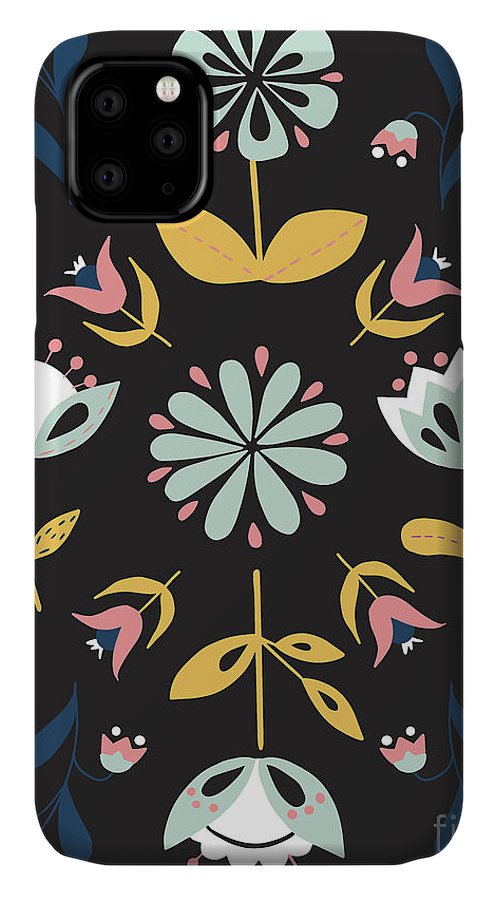 Folk Flower Pattern in Black and Blue - Phone Case