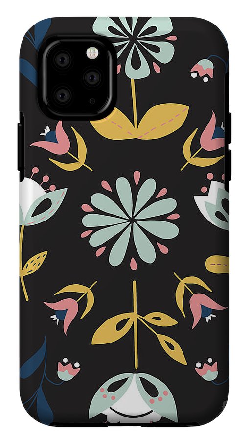 Folk Flower Pattern in Black and Blue - Phone Case