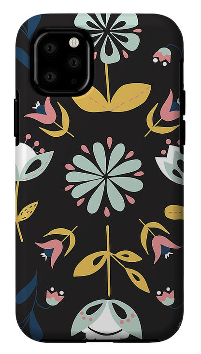 Folk Flower Pattern in Black and Blue - Phone Case