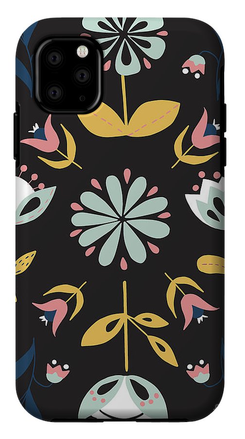Folk Flower Pattern in Black and Blue - Phone Case