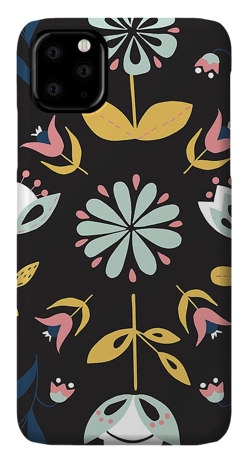 Folk Flower Pattern in Black and Blue - Phone Case