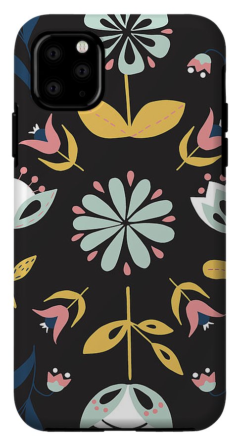Folk Flower Pattern in Black and Blue - Phone Case