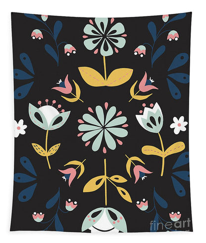 Folk Flower Pattern in Black and Blue - Tapestry