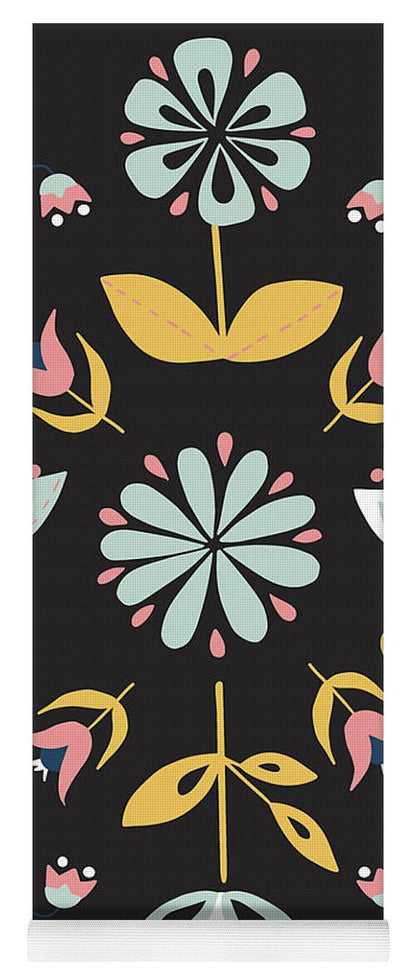 Folk Flower Pattern in Black and Blue - Yoga Mat