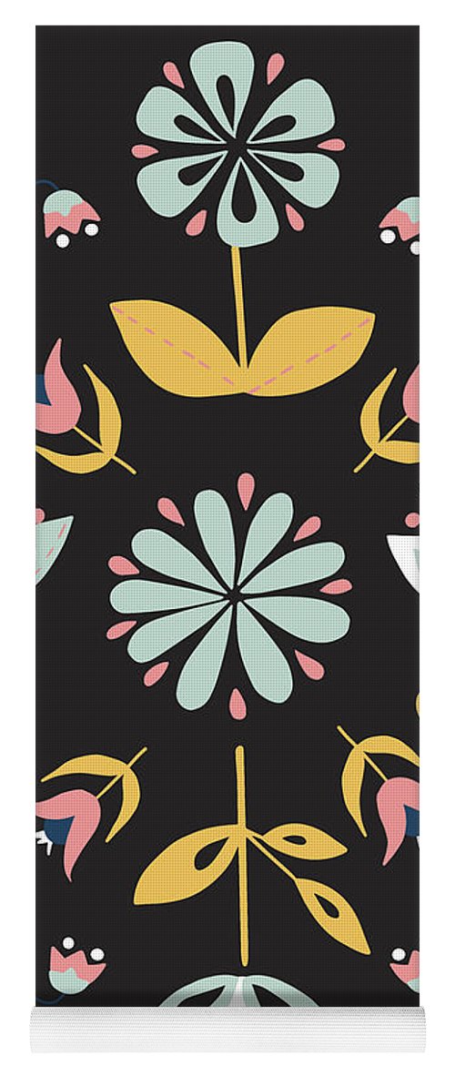 Folk Flower Pattern in Black and Blue - Yoga Mat