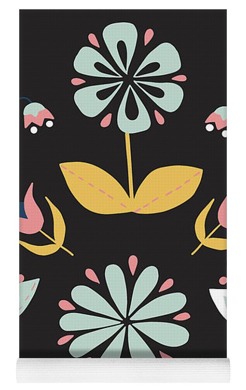 Folk Flower Pattern in Black and Blue - Yoga Mat