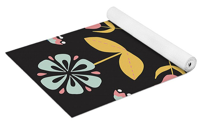 Folk Flower Pattern in Black and Blue - Yoga Mat