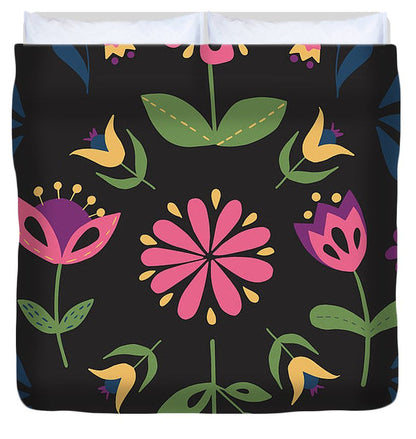 Folk Flower Pattern in Black and Pink - Duvet Cover