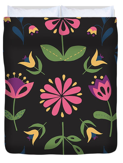 Folk Flower Pattern in Black and Pink - Duvet Cover