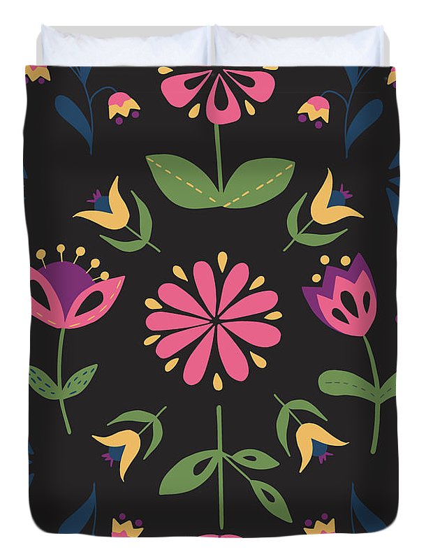 Folk Flower Pattern in Black and Pink - Duvet Cover