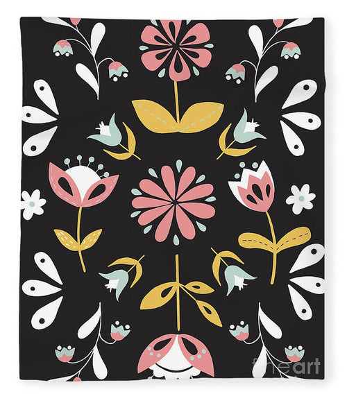 Folk Flower Pattern in Black and White - Blanket