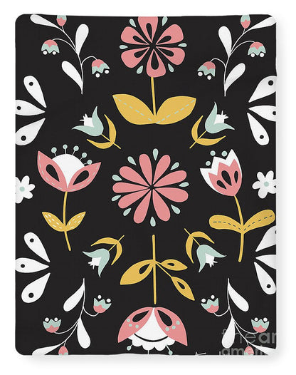 Folk Flower Pattern in Black and White - Blanket