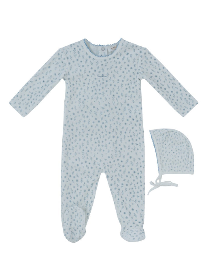 footie velour printed with bonnet - dark blue