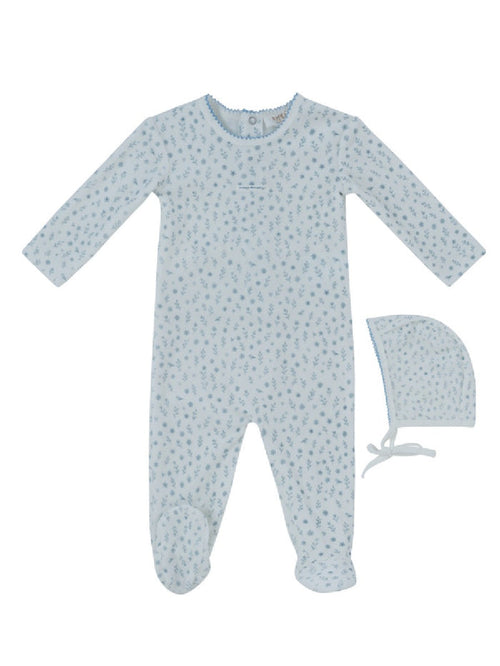 footie velour printed with bonnet - dark blue