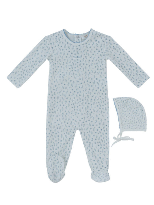 footie velour printed with bonnet - dark blue