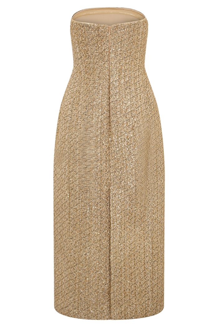 Gala Strapless Tweed Midi Dress - Gold