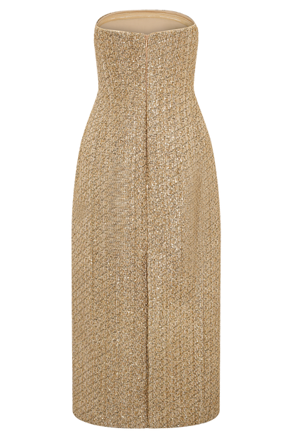 Gala Strapless Tweed Midi Dress - Gold
